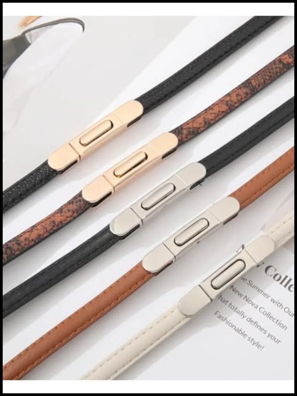 2 Pack Women Skinny PU Leather Belt, Thin Waist Belt with Gold Buckle,